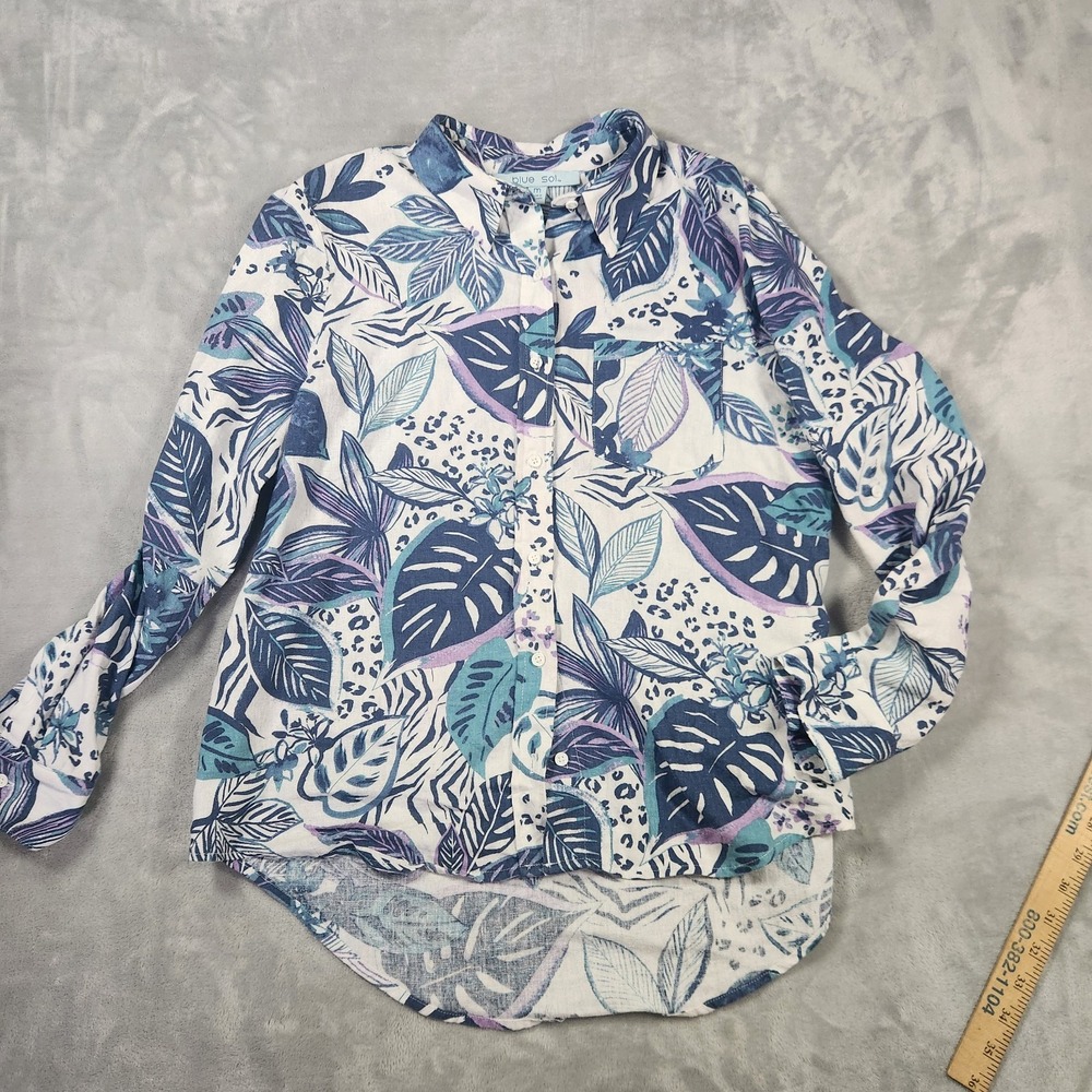 Blue Sol Women's M White Blue Tropical Leaf Print‎ Linen Blend Button Up Shirt